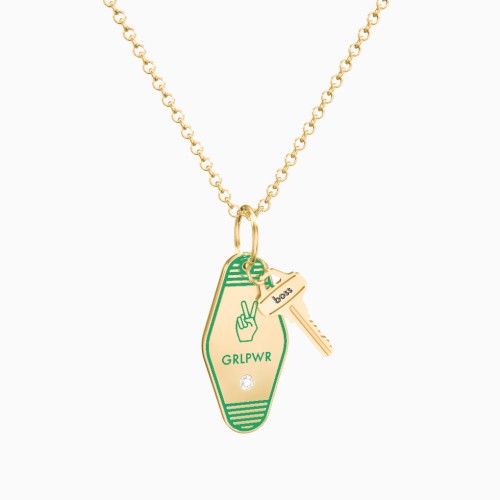Girl Power Engravable Retro Keychain Charm Necklace with Accent - Green