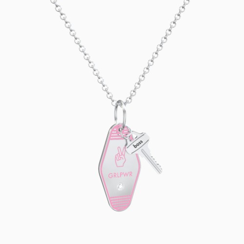 Girl Power Engravable Retro Keychain Charm Necklace with Accent - Pink