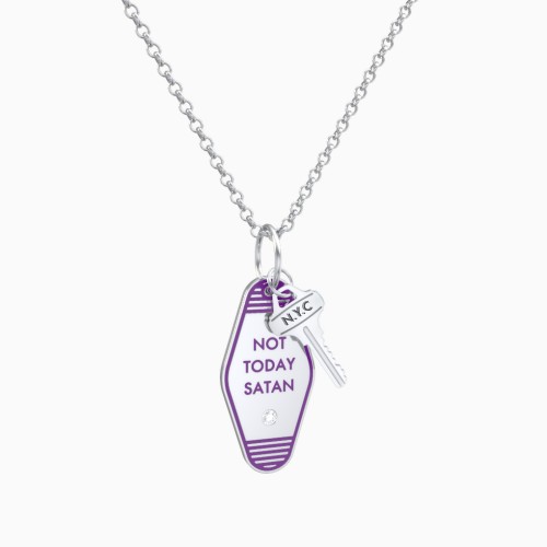 Not Today Satan Engravable Retro Keychain Charm Necklace with Accent - Purple