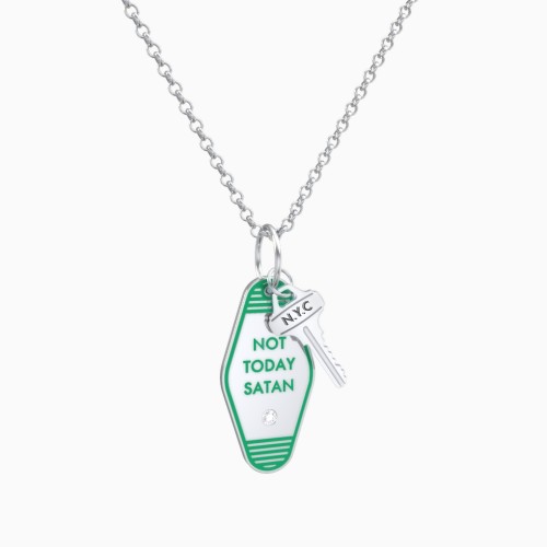 Not Today Satan Engravable Retro Keychain Charm Necklace with Accent - Green