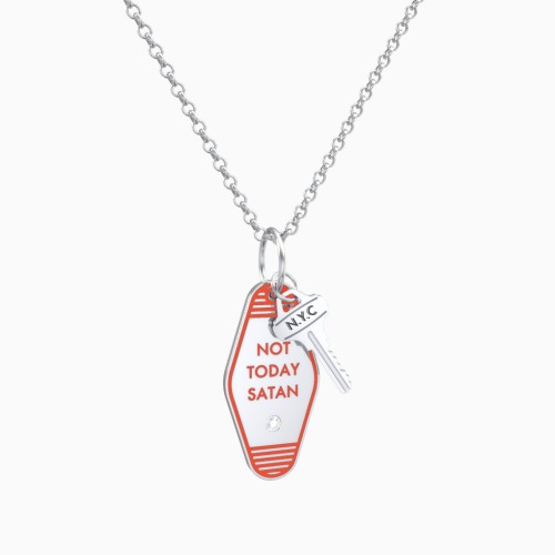 Not Today Satan Engravable Retro Keychain Charm Necklace with Accent - Orange
