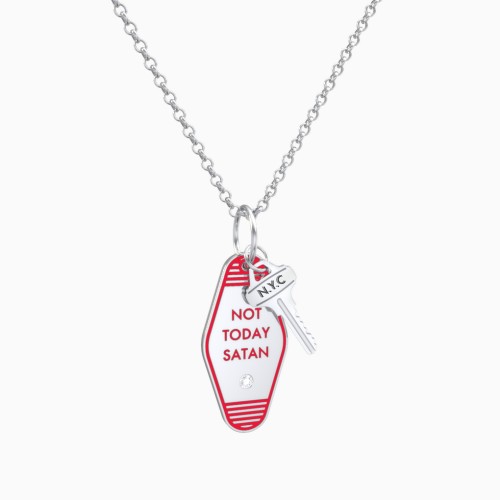 Not Today Satan Engravable Retro Keychain Charm Necklace with Accent - Red