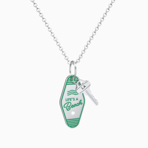 Life Is A Beach Engravable Retro Keychain Charm Necklace with Accent - Green