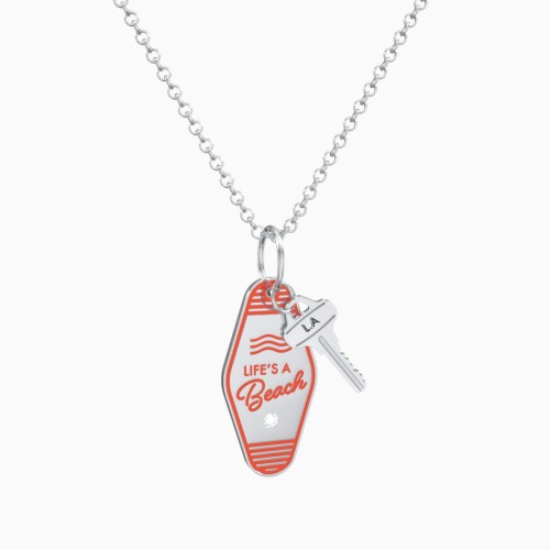 Life Is A Beach Engravable Retro Keychain Charm Necklace with Accent - Orange