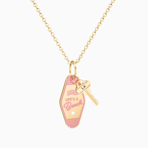 Life Is A Beach Engravable Retro Keychain Charm Necklace with Accent - Pink