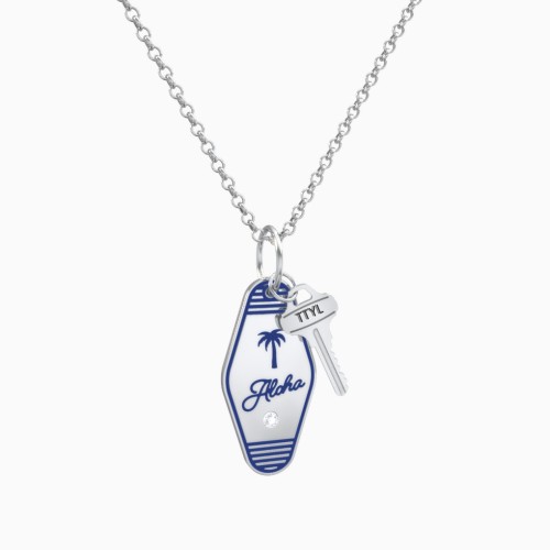 Aloha Engravable Retro Keychain Charm Necklace with Accent - Blue