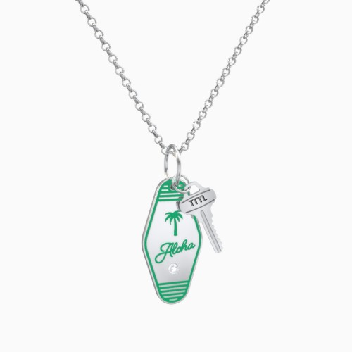 Aloha Engravable Retro Keychain Charm Necklace with Accent - Green