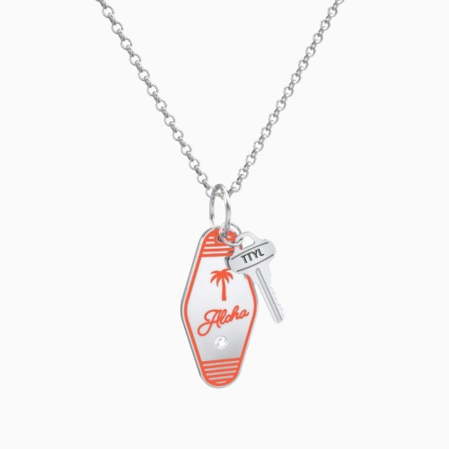 Aloha Engravable Retro Keychain Charm Necklace with Accent - Orange