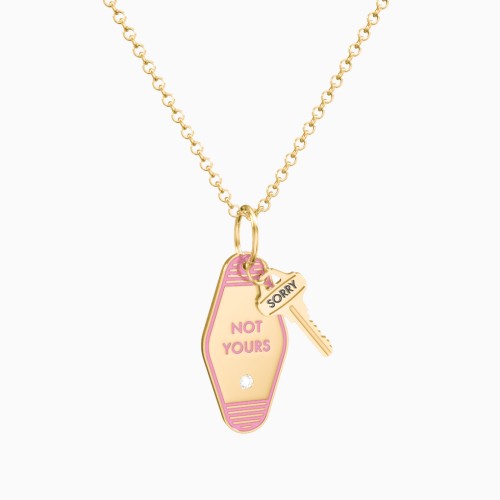 Not Yours Engravable Retro Keychain Charm Necklace with Accent - Pink