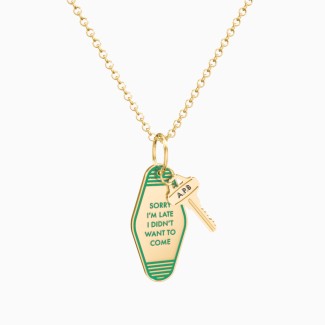 Sorry I'm Late Engravable Retro Keychain Charm Necklace - Green