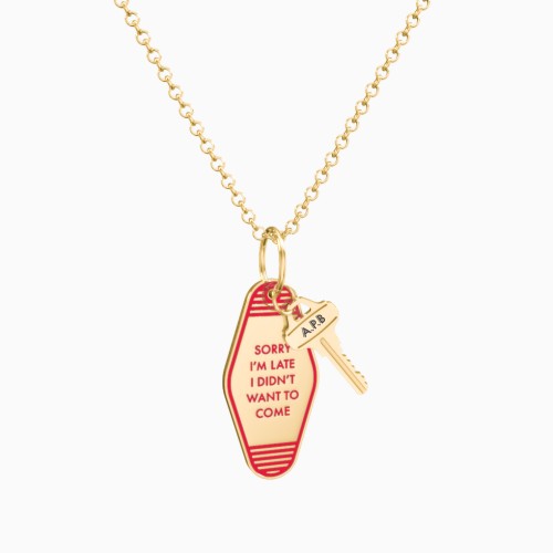 Sorry I'm Late Engravable Retro Keychain Charm Necklace - Red