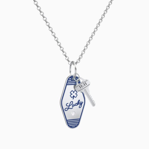 Lucky Engravable Retro Keychain Charm Necklace with Accent - Blue