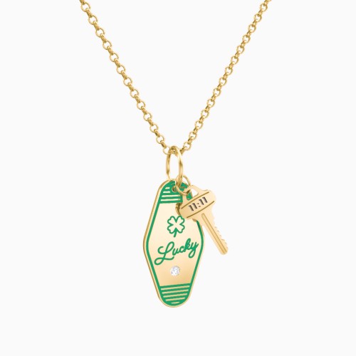 Lucky Engravable Retro Keychain Charm Necklace with Accent - Green