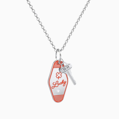 Lucky Engravable Retro Keychain Charm Necklace with Accent - Orange