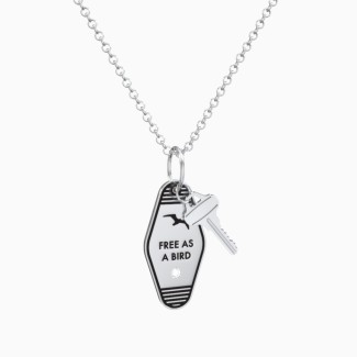 Free As A Bird Engravable Retro Keychain Charm Necklace with Accent - Black