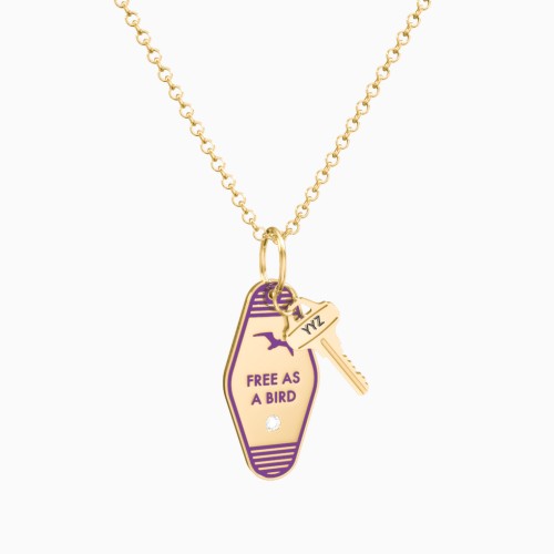 Free As A Bird Engravable Retro Keychain Charm Necklace with Accent - Purple