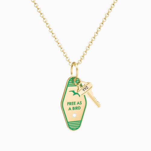 Free As A Bird Engravable Retro Keychain Charm Necklace with Accent - Green