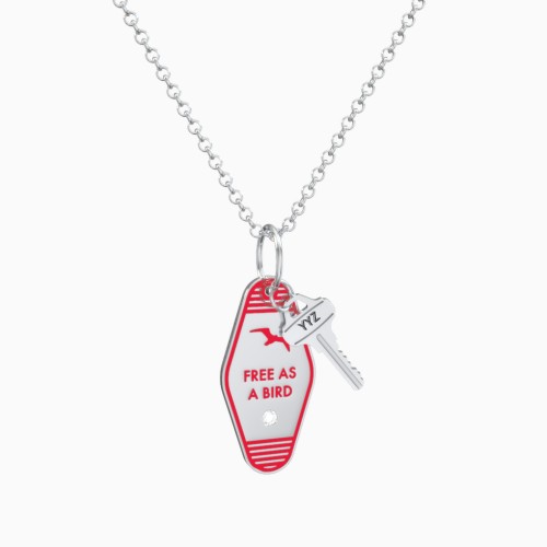 Free As A Bird Engravable Retro Keychain Charm Necklace with Accent - Red