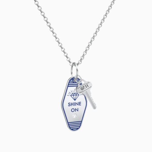 Shine On Engravable Retro Keychain Charm Necklace with Accent - Blue