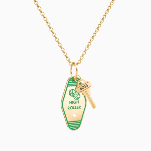 High Roller Engravable Retro Keychain Charm Necklace with Accent - Green