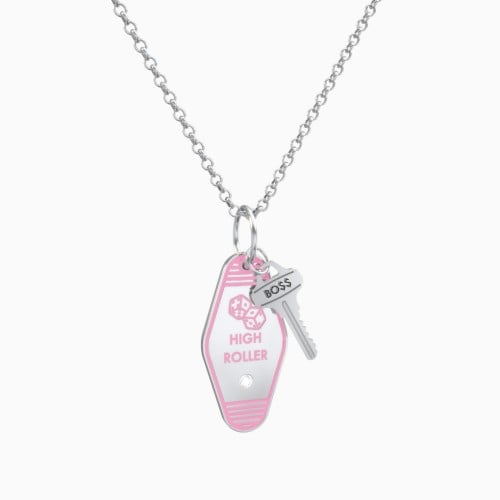 High Roller Engravable Retro Keychain Charm Necklace with Accent - Pink
