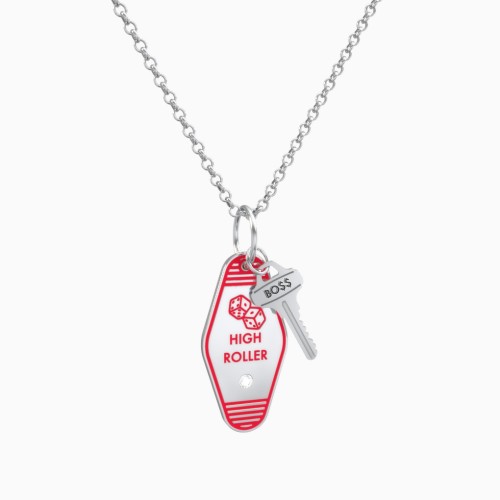 High Roller Engravable Retro Keychain Charm Necklace with Accent - Red