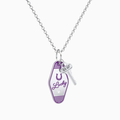 Lucky Horseshoe Engravable Retro Keychain Charm Necklace with Accent - Purple