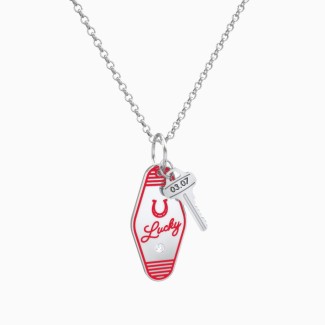 Lucky Horseshoe Engravable Retro Keychain Charm Necklace with Accent - Red