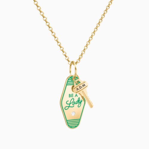 Be A Lady Engravable Retro Keychain Charm Necklace with Accent - Green