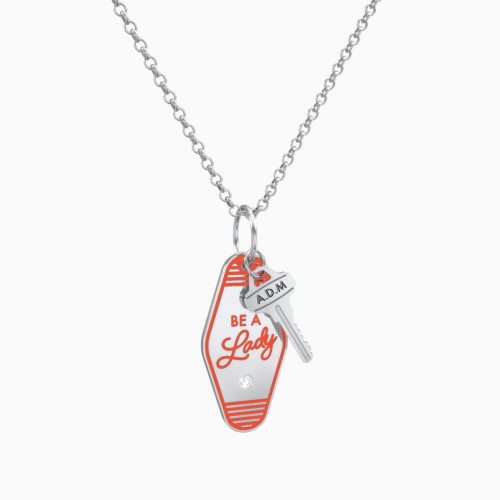 Be A Lady Engravable Retro Keychain Charm Necklace with Accent - Orange