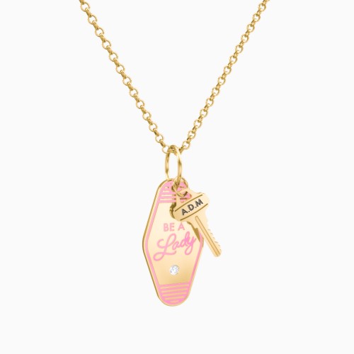 Be A Lady Engravable Retro Keychain Charm Necklace with Accent - Pink