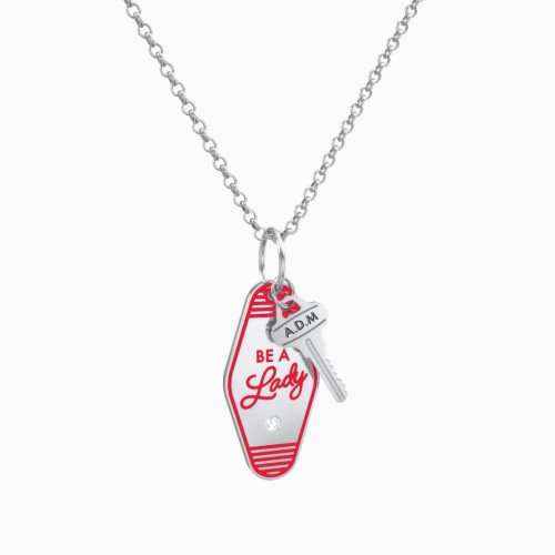 Be A Lady Engravable Retro Keychain Charm Necklace with Accent - Red