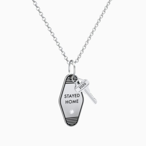 Stayed Home Engravable Retro Keychain Charm Necklace with Accent - Black