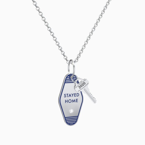 Stayed Home Engravable Retro Keychain Charm Necklace with Accent - Dark Blue