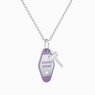 Stayed Home Engravable Retro Keychain Charm Necklace with Accent - Purple