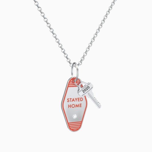 Engravable "Stayed Home" Retro Keychain Charm Necklace with Accent - Orange