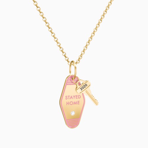 Stayed Home Engravable Retro Keychain Charm Necklace with Accent - Pink