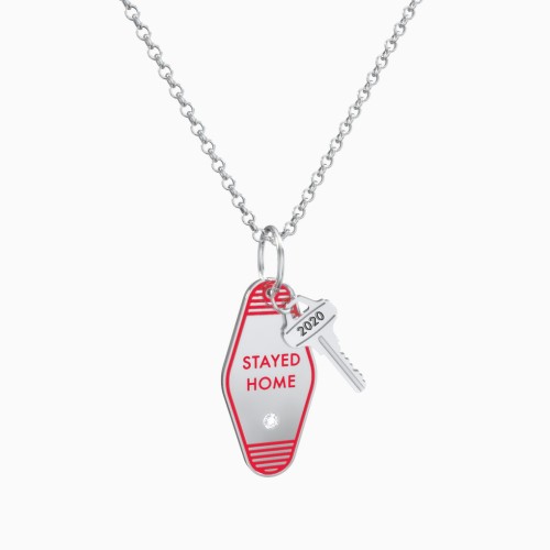 Stayed Home Engravable Retro Keychain Charm Necklace with Accent - Red