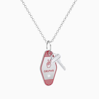 Girl Power Engravable Retro Keychain Charm Necklace with Accent - Red
