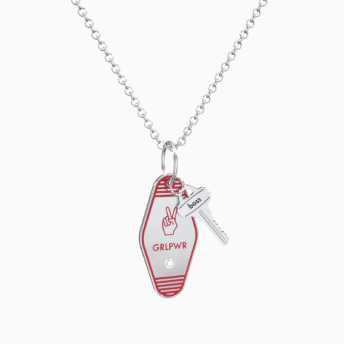 Girl Power Engravable Retro Keychain Charm Necklace with Accent - Red