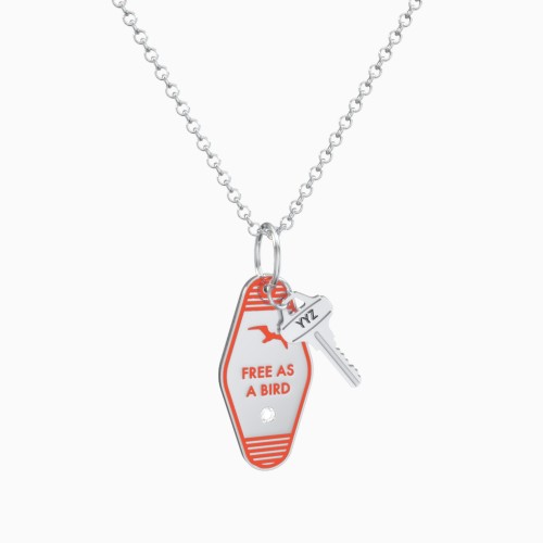 Free As A Bird Engravable Retro Keychain Charm Necklace with Accent - Orange