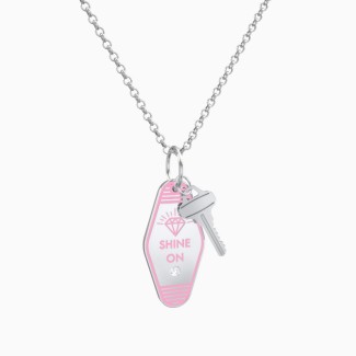 Shine On Engravable Retro Keychain Charm Necklace with Accent - Pink
