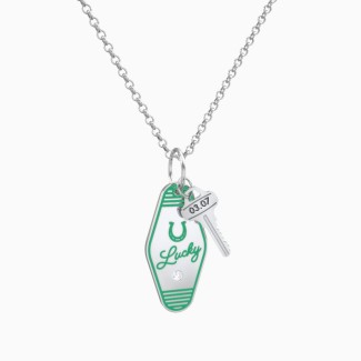 Lucky Horseshoe Engravable Retro Keychain Charm Necklace with Accent - Green