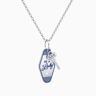 Be A Lady Engravable Retro Keychain Charm Necklace with Accent - Blue