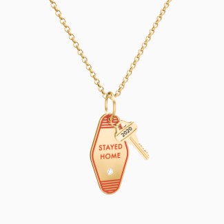 Engravable "Stayed Home" Retro Keychain Charm Necklace with Accent - Orange